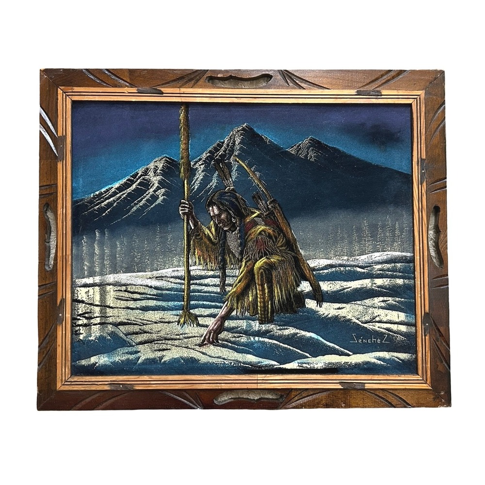 Vintage Sanchez Black Velvet Painting Native American Hunter Carved Wood Frame